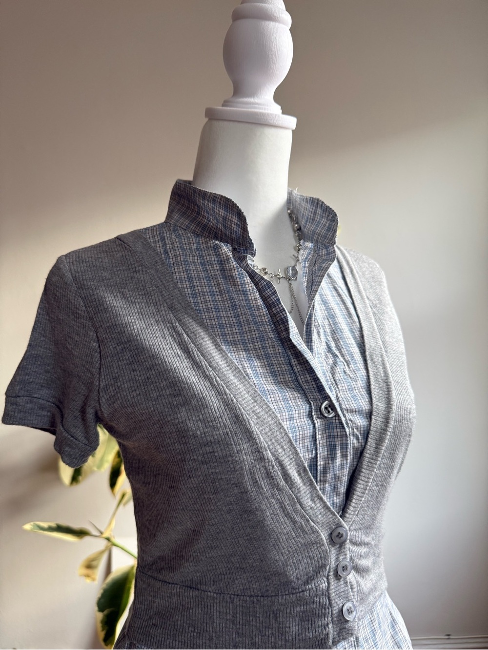2000s Baby Blue and Gray Layered-Look Short Sleeve Shirt  - size S
